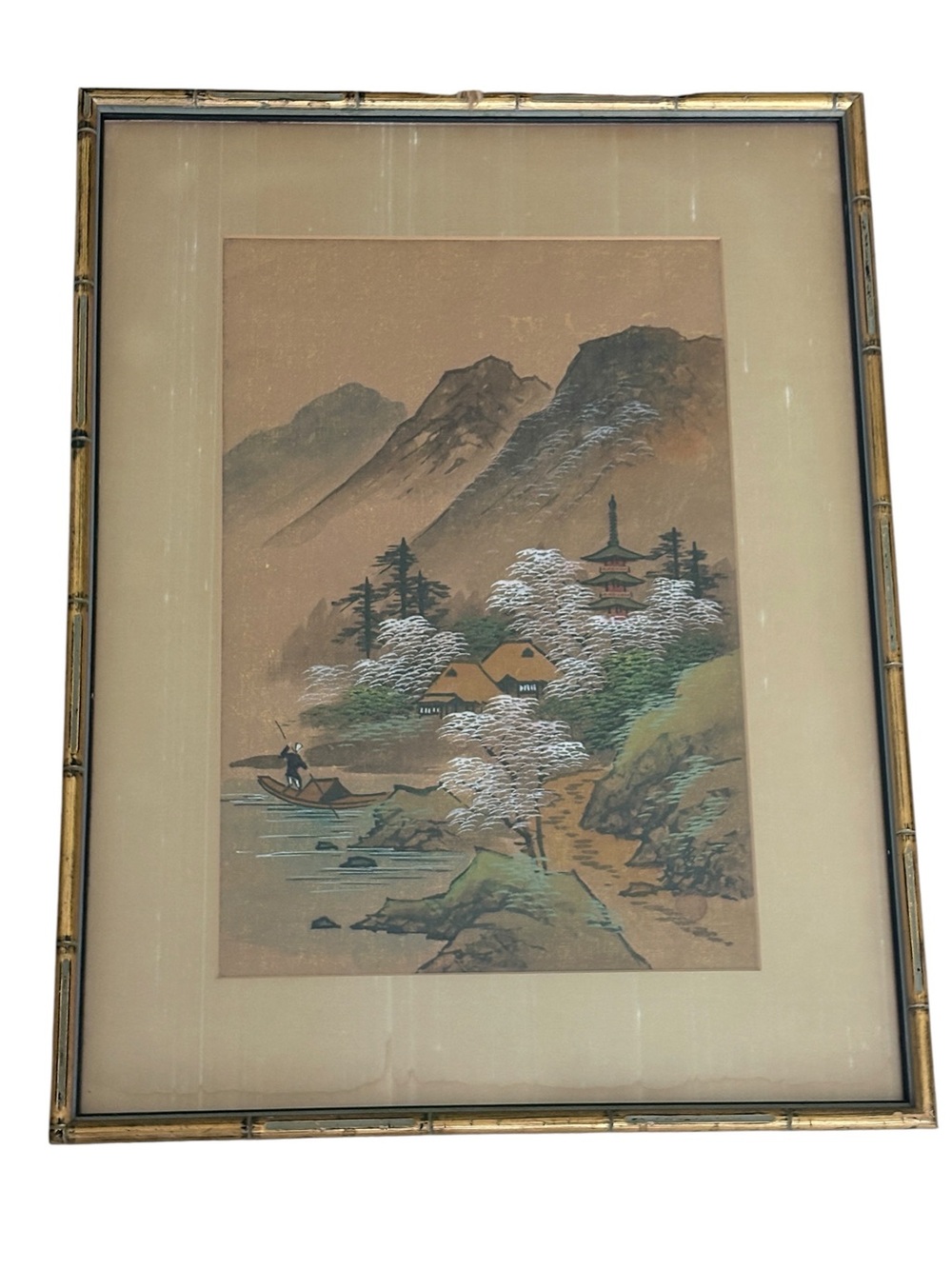 Vintage Japanese Temple Mountain Landscape Original Painting Pagoda Boat Signed